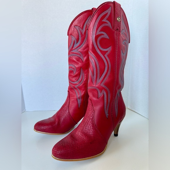 Vintage 80s Jeenz Bootz Red Leather Heel Cowboy Cowgirl Boots Size 7.5 *Flaws - Picture 2 of 13